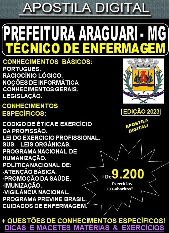 Apostila Prefeitura de Araguari - TÉCNICO de ENFERMAGEM - Teoria + 9.200 Exercícios - Concurso 2023