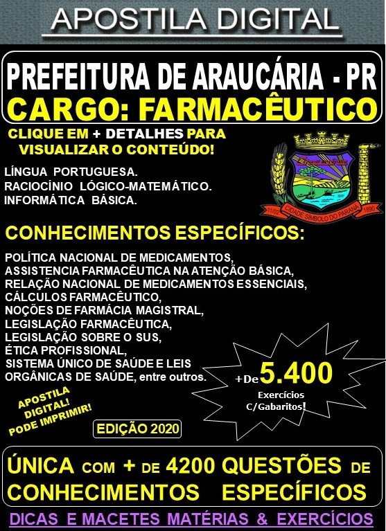 Apostila Prefeitura de Araucária PR - FARMACÊUTICO - Teoria + 5.400 Exercícios - Concurso 2020
