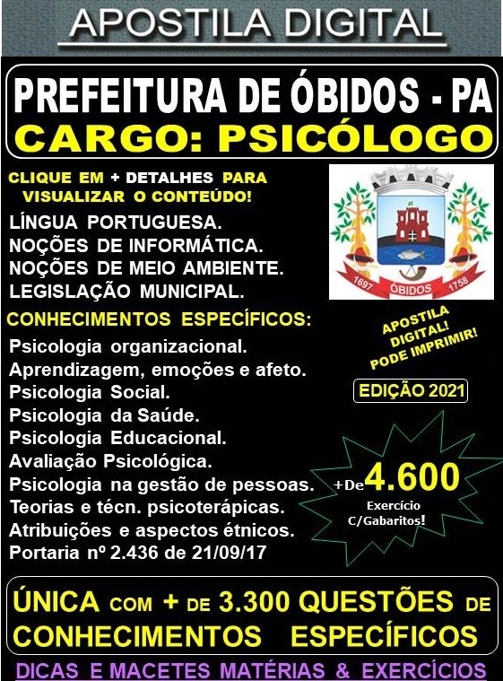 Apostila Prefeitura de ÓBIDOS - PSICÓLOGO - Teoria + 4.600 Exercícios - Concurso 2021