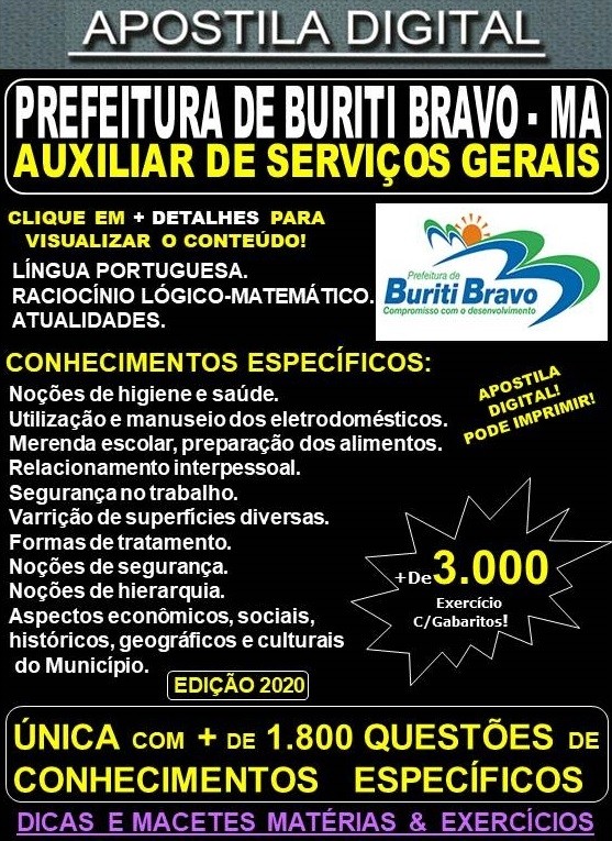 Apostila Prefeitura de BURITI BRAVO MA - AUXILIAR DE SEVIÇOS GERAIS  - Teoria + 3.000 Exercícios - Concurso 2020