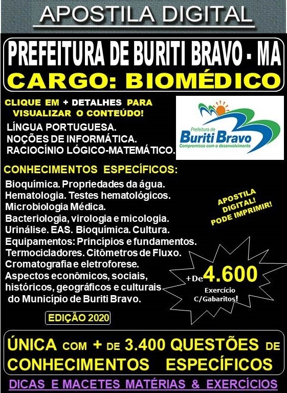 Apostila Prefeitura de BURITI BRAVO MA - BIOMÉDICO  - Teoria + 4.600 Exercícios - Concurso 2020