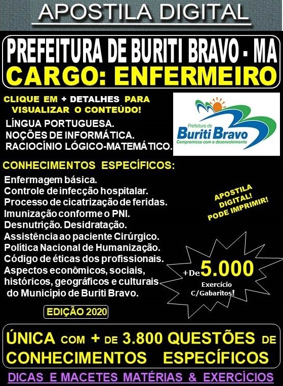 Apostila Prefeitura de BURITI BRAVO MA - ENFERMEIRO  - Teoria + 5.000 Exercícios - Concurso 2020