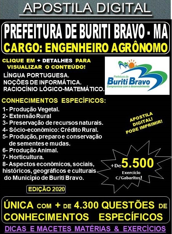 Apostila Prefeitura de BURITI BRAVO MA - ENGENHEIRO AGRÔNOMO  - Teoria + 5.500 Exercícios - Concurso 2020
