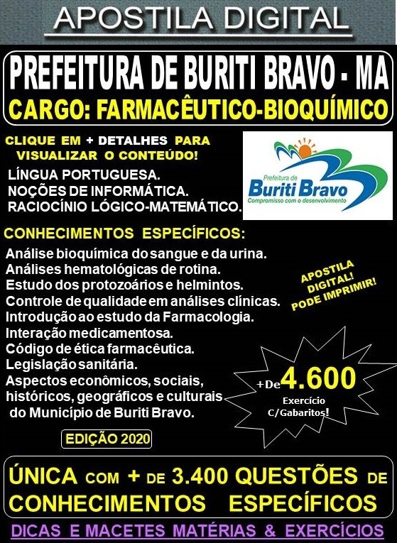 Apostila Prefeitura de BURITI BRAVO MA - FARMACÊUTICO-BIOQUÍMICO - Teoria + 4.600 Exercícios - Concurso 2020