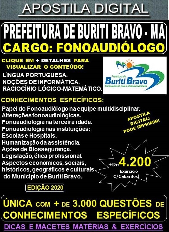 Apostila Prefeitura de BURITI BRAVO MA - FONOAUDIÓLOGO  - Teoria + 4.200 Exercícios - Concurso 2020
