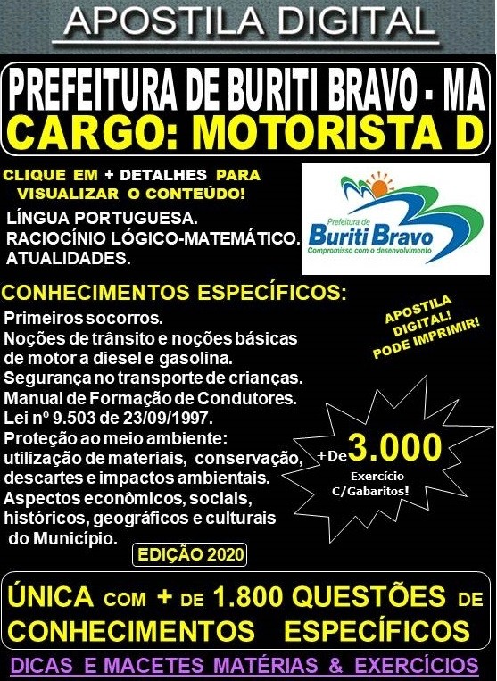 Apostila Prefeitura de BURITI BRAVO MA - MOTORISTA  D - Teoria + 3.000 Exercícios - Concurso 2020