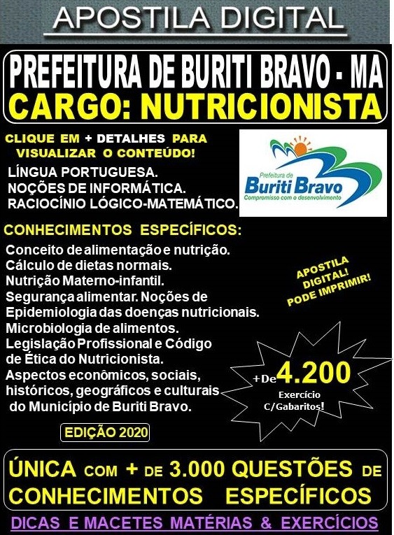 Apostila Prefeitura de BURITI BRAVO MA - NUTRICIONISTA  - Teoria + 4.200 Exercícios - Concurso 2020