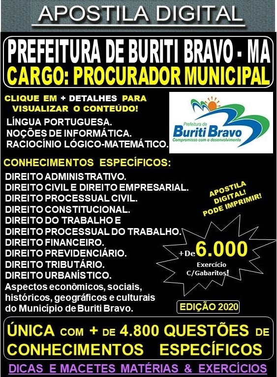 Apostila Prefeitura de BURITI BRAVO MA - PROCURADOR MUNICIPAL  - Teoria + 6.000 Exercícios - Concurso 2020