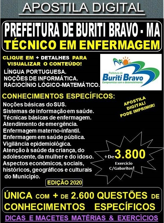 Apostila Prefeitura de BURITI BRAVO MA - TÉCNICO EM ENFERMAGEM  - Teoria + 3.800 Exercícios - Concurso 2020