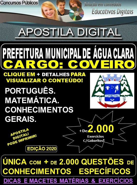 Apostila Prefeitura Municipal de Agua Clara MS - COVEIRO - Teoria + 2.000 Exercícios - Concurso 2020 