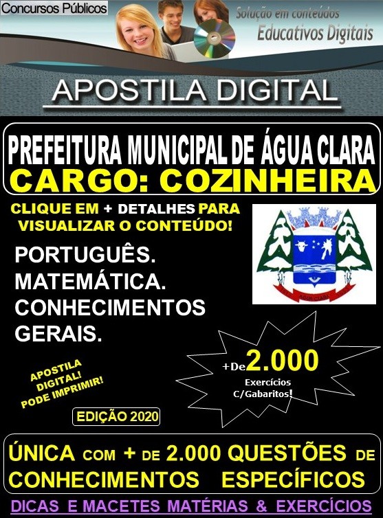 Apostila Prefeitura Municipal de Agua Clara MS - COZINHEIRA - Teoria + 2.000 Exercícios - Concurso 2020 