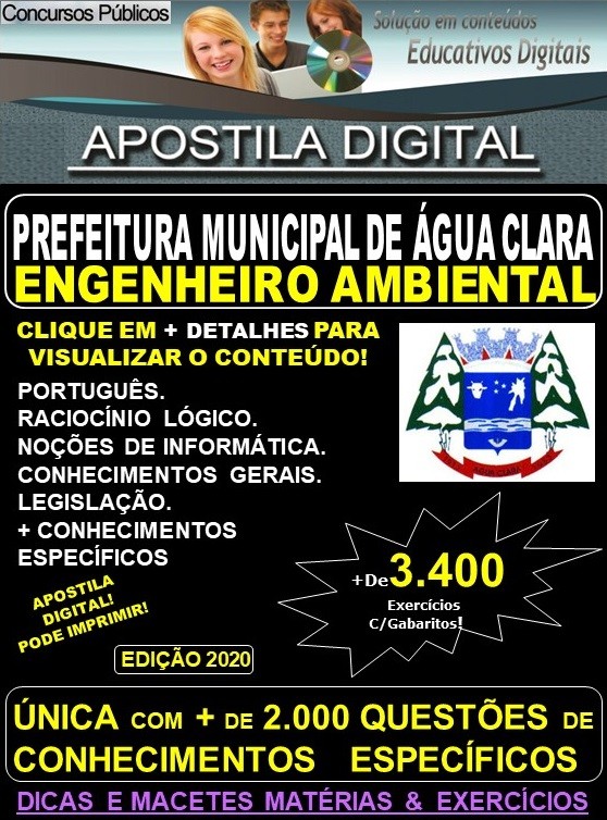 Apostila Prefeitura Municipal de Agua Clara MS - ENGENHEIRO AMBIENTAL - Teoria + 3.400 Exercícios - Concurso 2020