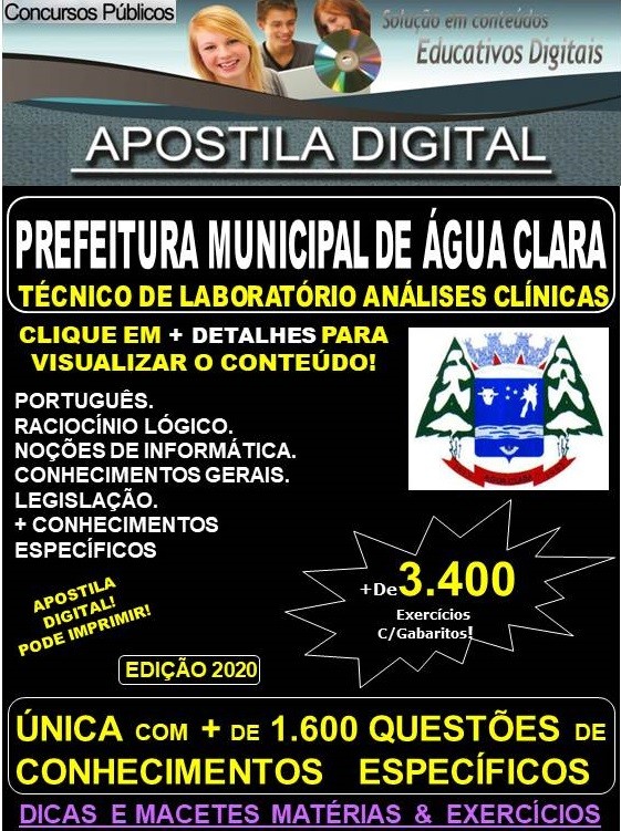 Apostila Prefeitura Municipal de Água Clara MS  -  Técnico de Laboratório ANÁLISES CLÍNICAS - Teoria + 3.400 Exercícios - Concurso 2020