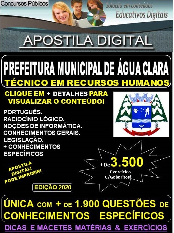 Apostila Prefeitura Municipal de Água Clara MS  - TÉCNICO EM RECURSOS HUMANOS  - Teoria + 3.500 Exercícios - Concurso 2020