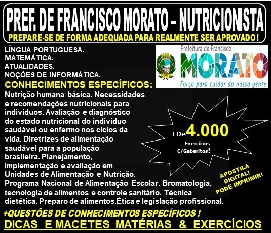 Apostila PREFEITURA de FRANCISCO MORATO SP - NUTRICIONISTA  - Teoria + 4.000 Exercícios - Concurso 2019