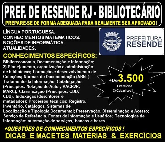 Apostila Prefeitura de Resende RJ - BIBLIOTECÁRIO  - Teoria + 3.500 Exercícios - Concurso 2019