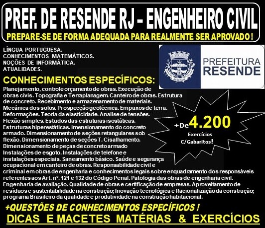 Apostila Prefeitura de Resende RJ - ENGENHEIRO CIVIL - Teoria + 4.200 Exercícios - Concurso 2019