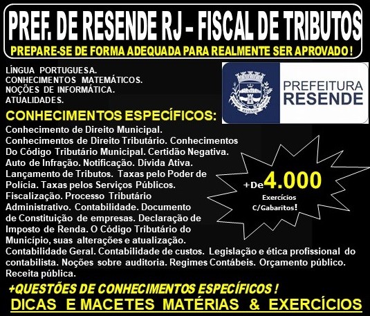 Apostila Prefeitura de Resende RJ - FISCAL de TRIBUTOS - Teoria + 4.000 Exercícios - Concurso 2019