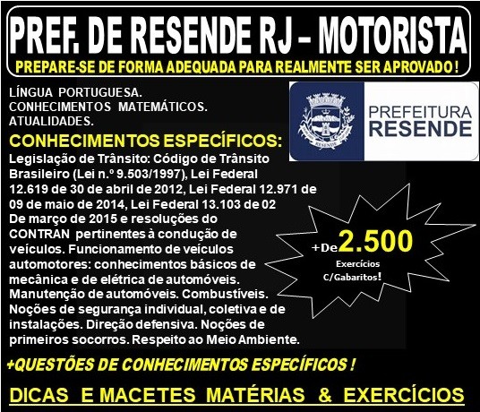 Apostila Prefeitura de Resende RJ - MOTORISTA - Teoria + 2.500 Exercícios - Concurso 2019