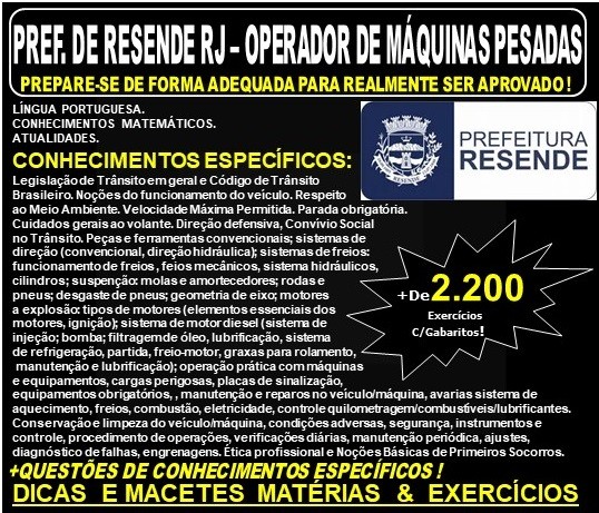 Apostila Prefeitura de Resende RJ - OPERADOR de MÁQUINAS PESADAS - Teoria + 2.200 Exercícios - Concurso 2019