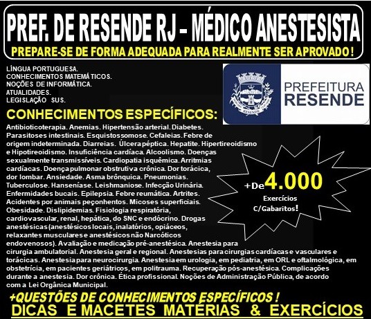 Apostila Prefeitura de Resende RJ - MÉDICO - ANESTESISTA - Teoria + 4.000 Exercícios - Concurso 2019