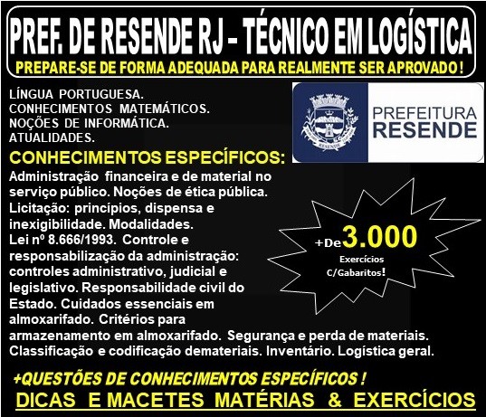 Apostila Prefeitura de Resende RJ - TÉCNICO DE LOGISTICA - Teoria + 3.000 Exercícios - Concurso 2019