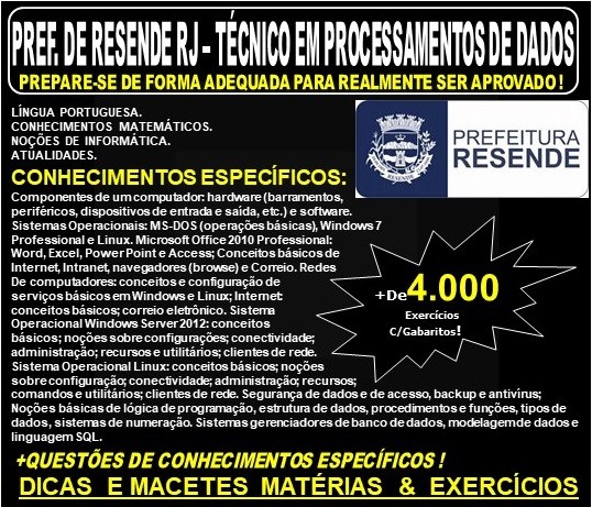 Apostila Prefeitura de Resende RJ - TÉCNICO de PROCESSAMENTO de DADOS - Teoria + 4.000 Exercícios - Concurso 2019