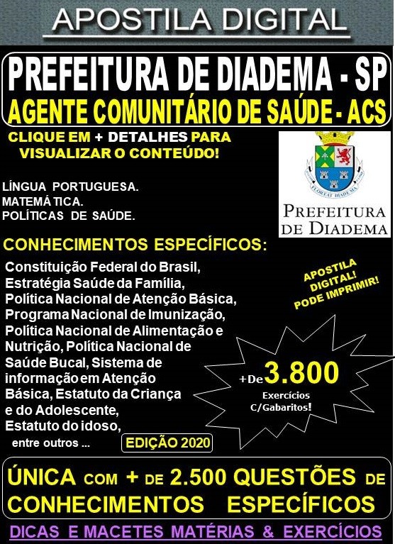 Apostila Prefeitura de Diadema SP - AGENTE COMUNITÁRIO DE SAÚDE - Teoria +3.800 Exercícios - Concurso 2020