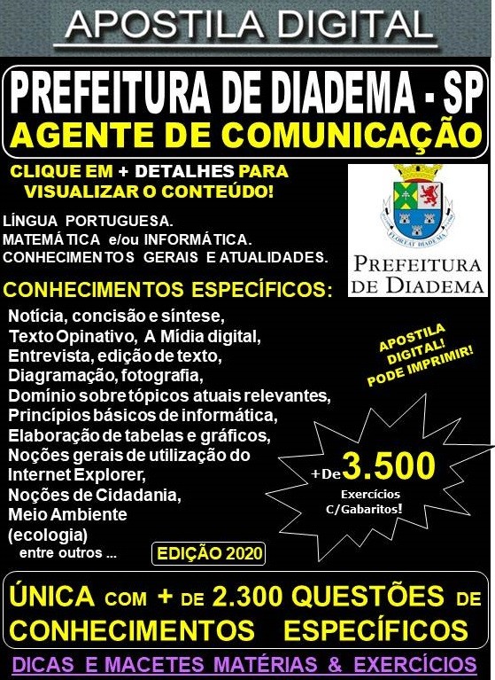 Apostila Prefeitura de Diadema SP - AGENTE DE COMUNICAÇÃO  - Teoria +3.500 Exercícios - Concurso 2020