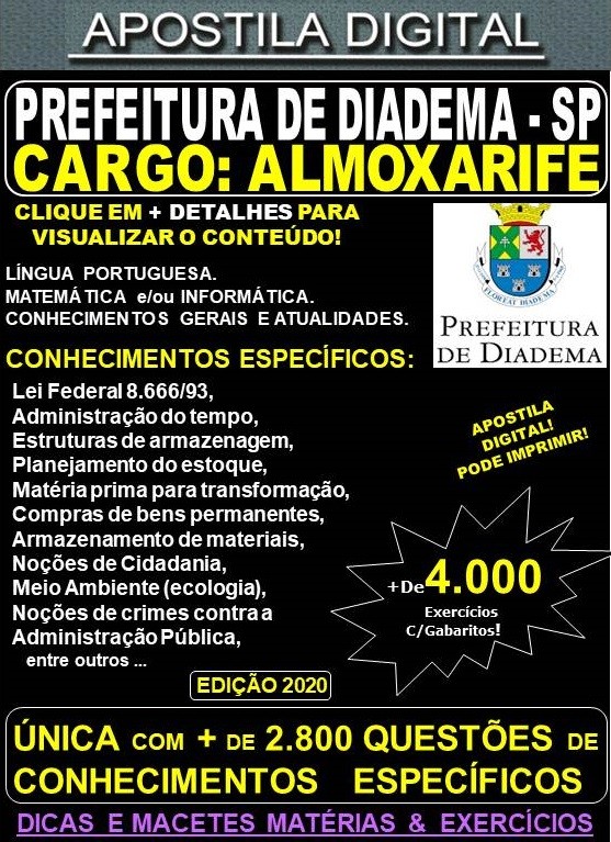 Apostila Prefeitura de Diadema SP - ALMOXARIFE  - Teoria +4.000 Exercícios - Concurso 2020