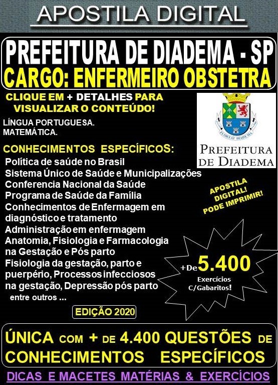 Apostila Prefeitura de Diadema SP - ENFERMEIRO OBSTETRA - Teoria + 5.400 Exercícios - Concurso 2020