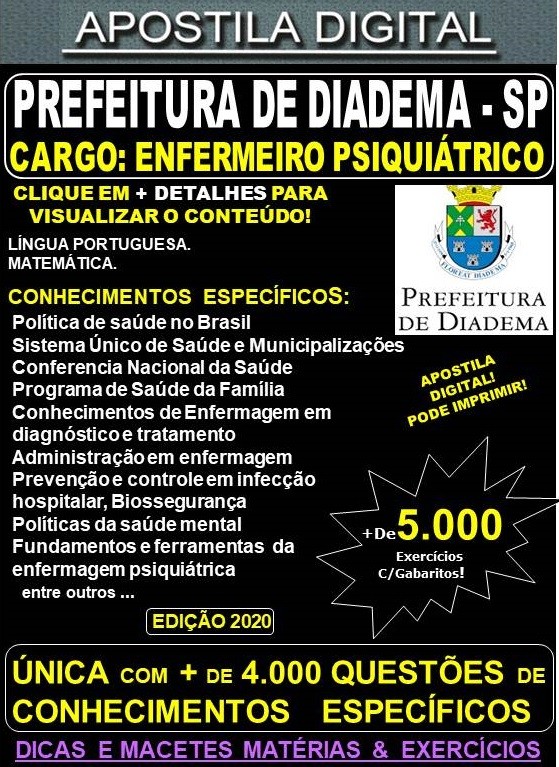 Apostila Prefeitura de Diadema SP - ENFERMEIRO PSIQUIÁTRICO - Teoria + 5.000 Exercícios - Concurso 2020