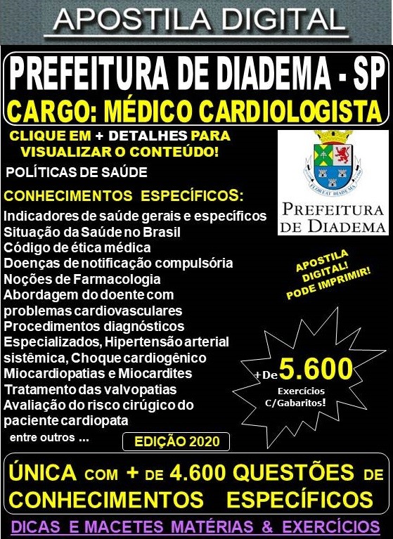 Apostila Prefeitura de Diadema SP - MÉDICO CARDIOLOGISTA  - Teoria + 5.600 Exercícios - Concurso 2020