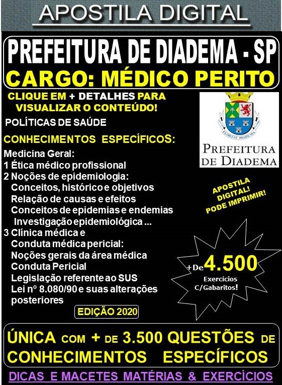 Apostila Prefeitura de Diadema SP - MÉDICO PERITO  - Teoria + 5.000 Exercícios - Concurso 2020