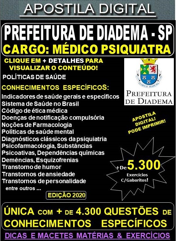 Apostila Prefeitura de Diadema SP - MÉDICO PSIQUIATRA  - Teoria + 5.300 Exercícios - Concurso 2020