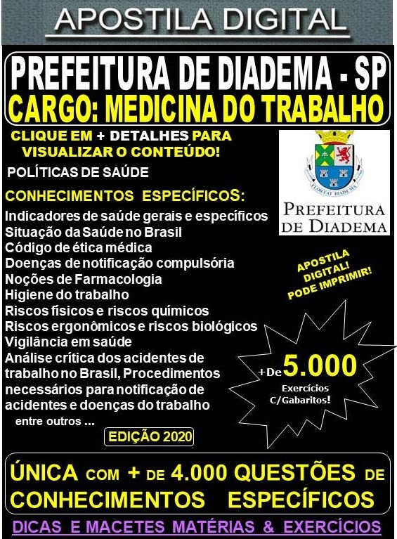 Apostila Prefeitura de Diadema SP - MEDICINA DO TRABALHO  - Teoria + 5.000 Exercícios - Concurso 2020