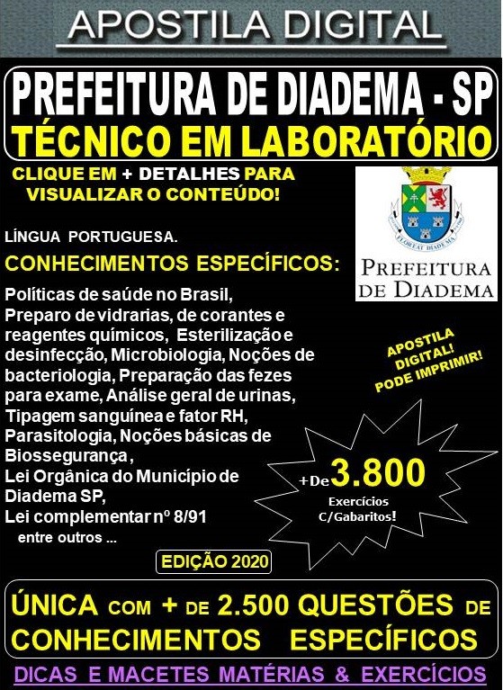Apostila Prefeitura de Diadema SP - TÉCNICO EM LABORATÓRIO - Teoria +3.800 Exercícios - Concurso 2020