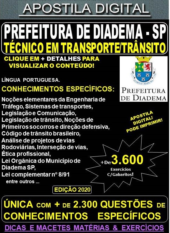 Apostila Prefeitura de Diadema SP - TÉCNICO EM TRANSPORTE / TRÂNSITO - Teoria +3.600 Exercícios - Concurso 2020