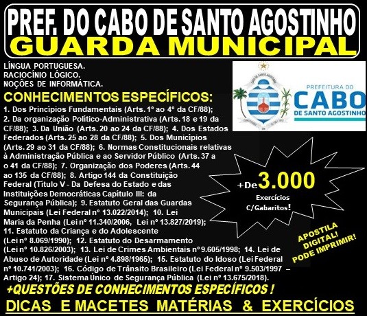 Apostila Prefeitura do Cabo de Santo Agostinho - GUARDA MUNICIPAL - Teoria + 3.000 Exercícios - Concurso 2019