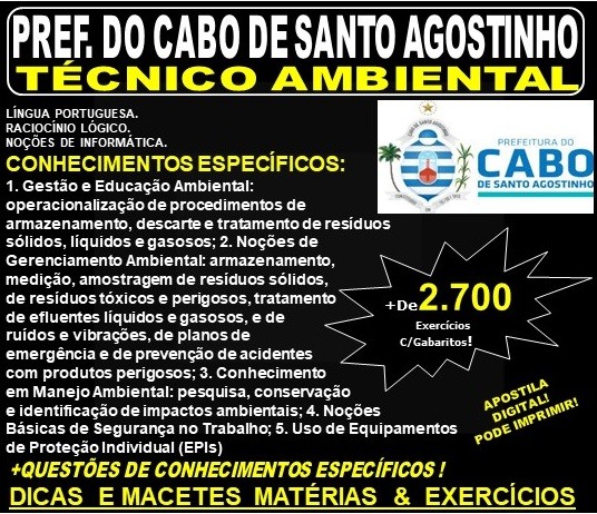 Apostila Prefeitura do Cabo de Santo Agostinho - TÉCNICO AMBIENTAL - Teoria + 2.700 Exercícios - Concurso 2019