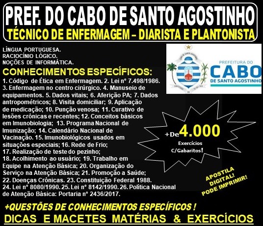 Apostila Prefeitura do Cabo de Santo Agostinho - TÉCNICO DE ENFERMAGEM - DIARISTA e PLANTONISTA - Teoria + 4.000 Exercícios - Concurso 2019