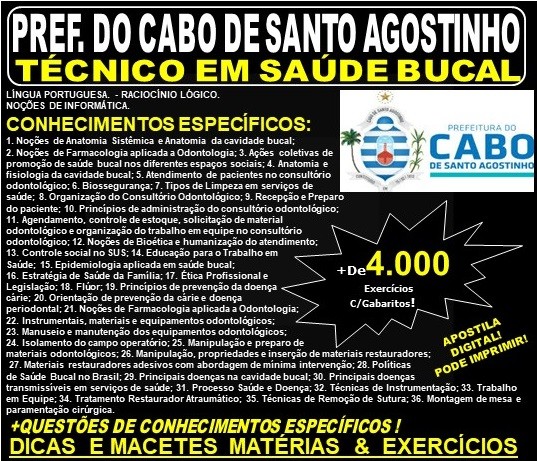 Apostila Prefeitura do Cabo de Santo Agostinho - TÉCNICO em SAÚDE BUCAL - Teoria + 4.000 Exercícios - Concurso 2019