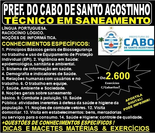 Apostila Prefeitura do Cabo de Santo Agostinho - TÉCNICO em SANEAMENTO - Teoria + 2.600 Exercícios - Concurso 2019