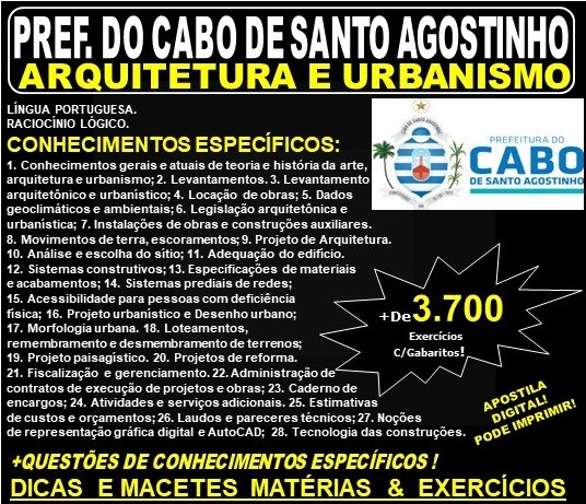 Apostila Prefeitura do Cabo de Santo Agostinho - ARQUITETO E URBANISTA - Teoria + 3.700 Exercícios - Concurso 2019