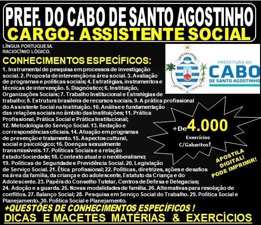 Apostila Prefeitura do Cabo de Santo Agostinho - ASSISTENTE SOCIAL - Teoria + 4.000 Exercícios - Concurso 2019