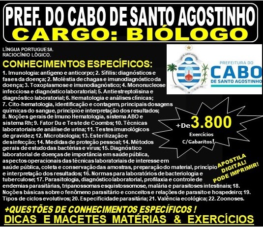 Apostila Prefeitura do Cabo de Santo Agostinho - BIÓLOGO - Teoria + 3.800 Exercícios - Concurso 2019