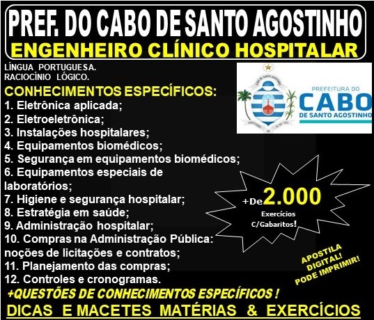 Apostila Prefeitura do Cabo de Santo Agostinho - ENGENHEIRO CLÍNICO HOSPITALAR - Teoria + 2.000 Exercícios - Concurso 2019