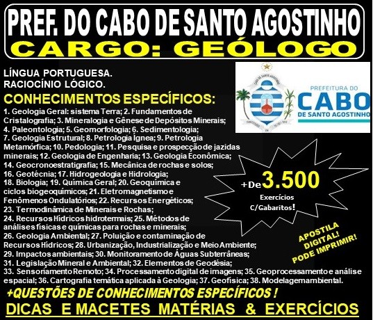 Apostila Prefeitura do Cabo de Santo Agostinho - GEÓLOGO - Teoria + 3.500 Exercícios - Concurso 2019