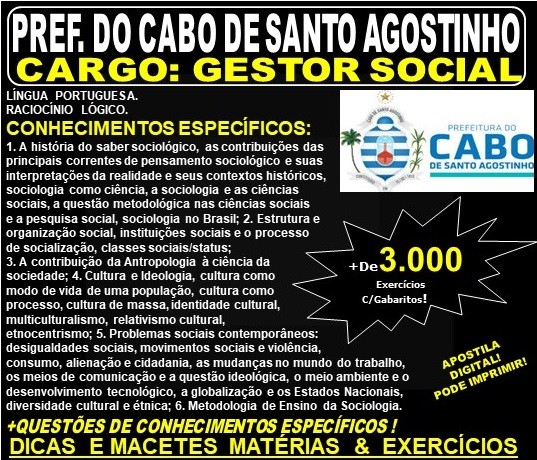 Apostila Prefeitura do Cabo de Santo Agostinho - GESTOR SOCIAL - Teoria + 3.000 Exercícios - Concurso 2019