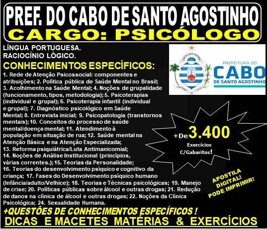 Apostila Prefeitura do Cabo de Santo Agostinho - PSICÓLOGO - Teoria + 3.400 Exercícios - Concurso 2019